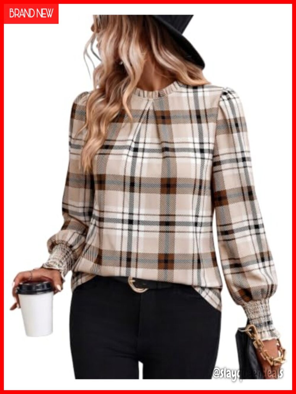 Womens Plaid Mock Neck Blouse Long Sleeve Tunic Top Dressy Casual